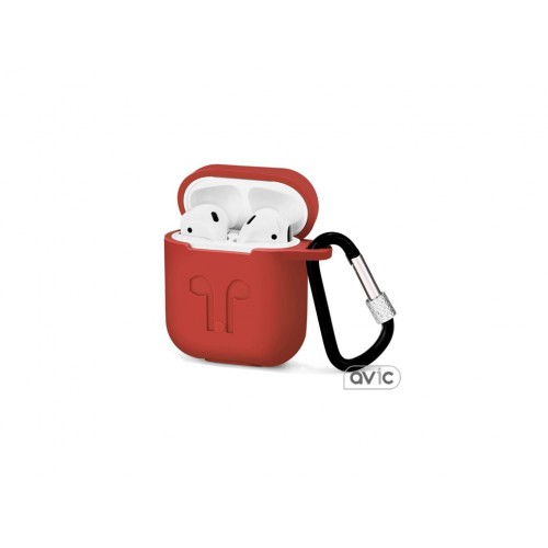 Чехол для Airpods Silicon case с карабином и ремешком Red