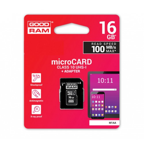 Карта памяти MicroSDHC 16GB UHS-I Class 10 Goodram + SD-adapter (M1AA-0160R12)