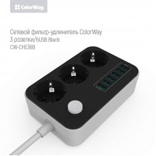 Фильтр питания ColorWay CW-CHE36B 3 розетки, 6 USB, 1.8 м, Black