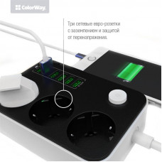 Фильтр питания ColorWay CW-CHE36B 3 розетки, 6 USB, 1.8 м, Black